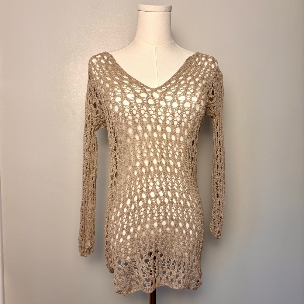 Velvet Beige Crochet Open Knit Long Sleeve Sweater Sz XS